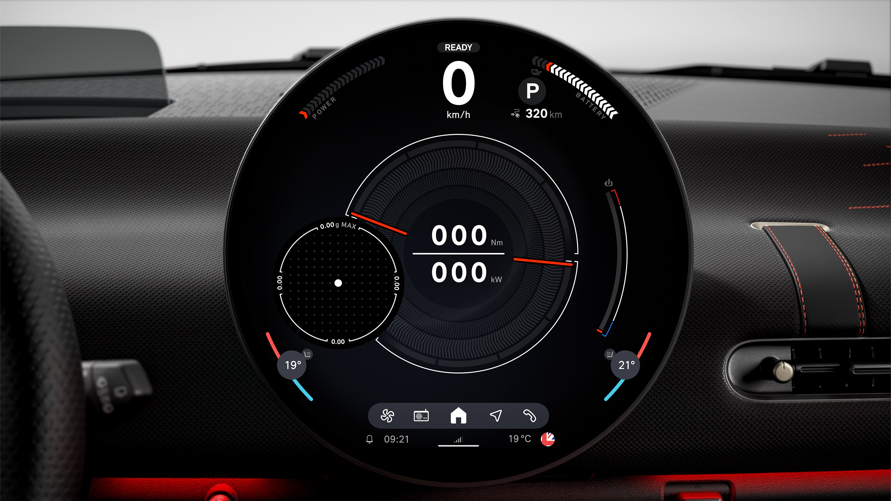 Panoramic view of the illuminated dashboard of the all-electric MINI Cooper